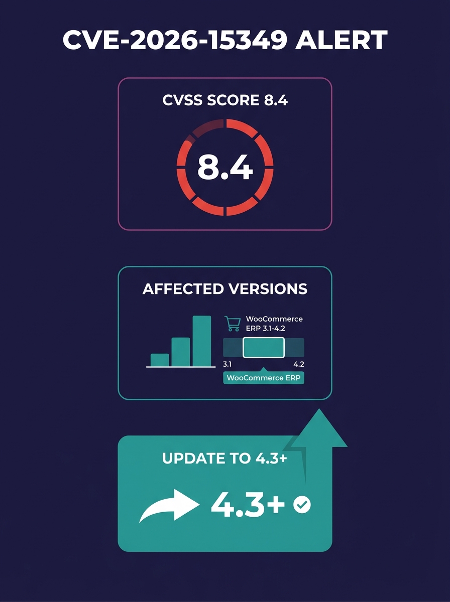 Security vulnerability warning dashboard showing CVE-2026-15349 details with CVSS score and affected WooCommerce ERP plugin versions