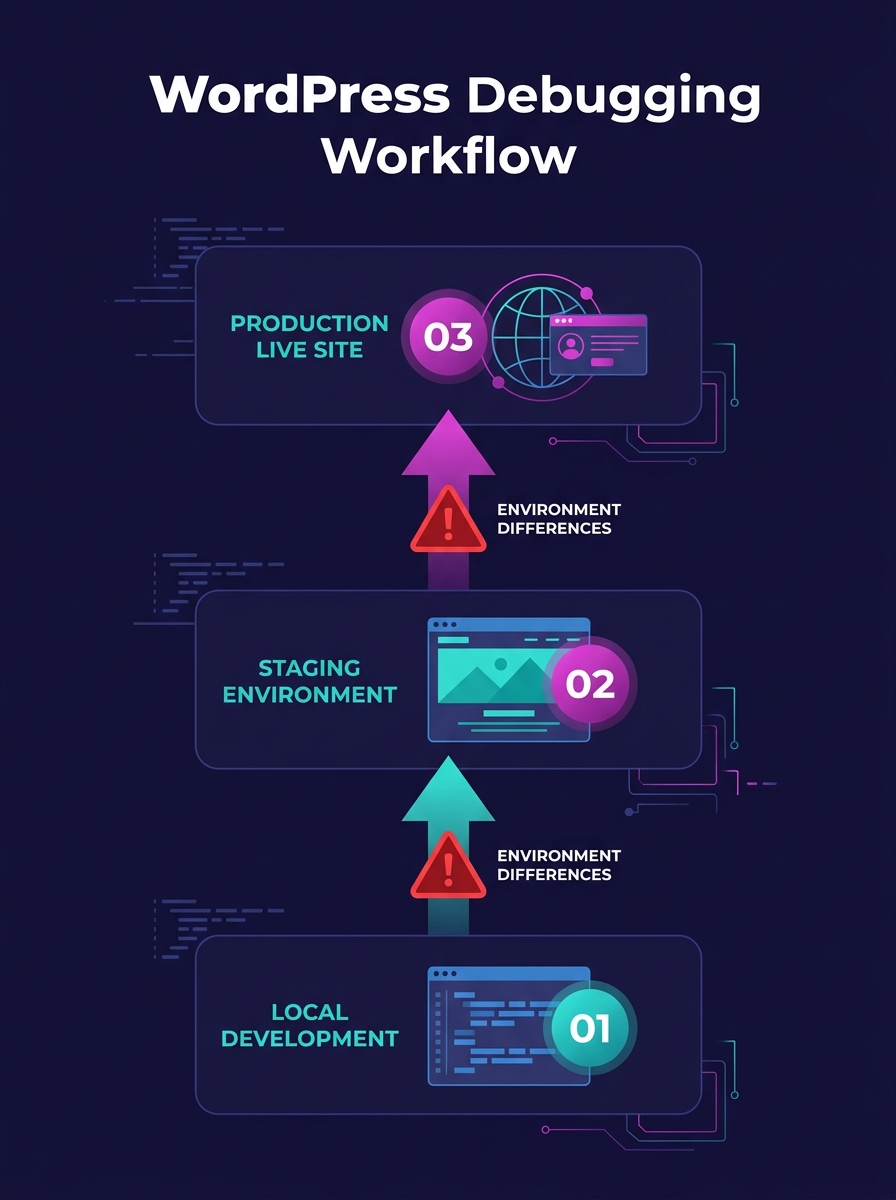 diagram showing the traditional WordPress debugging workflow from local development to staging to production, with red warning markers at each transition point where environment differences can introd