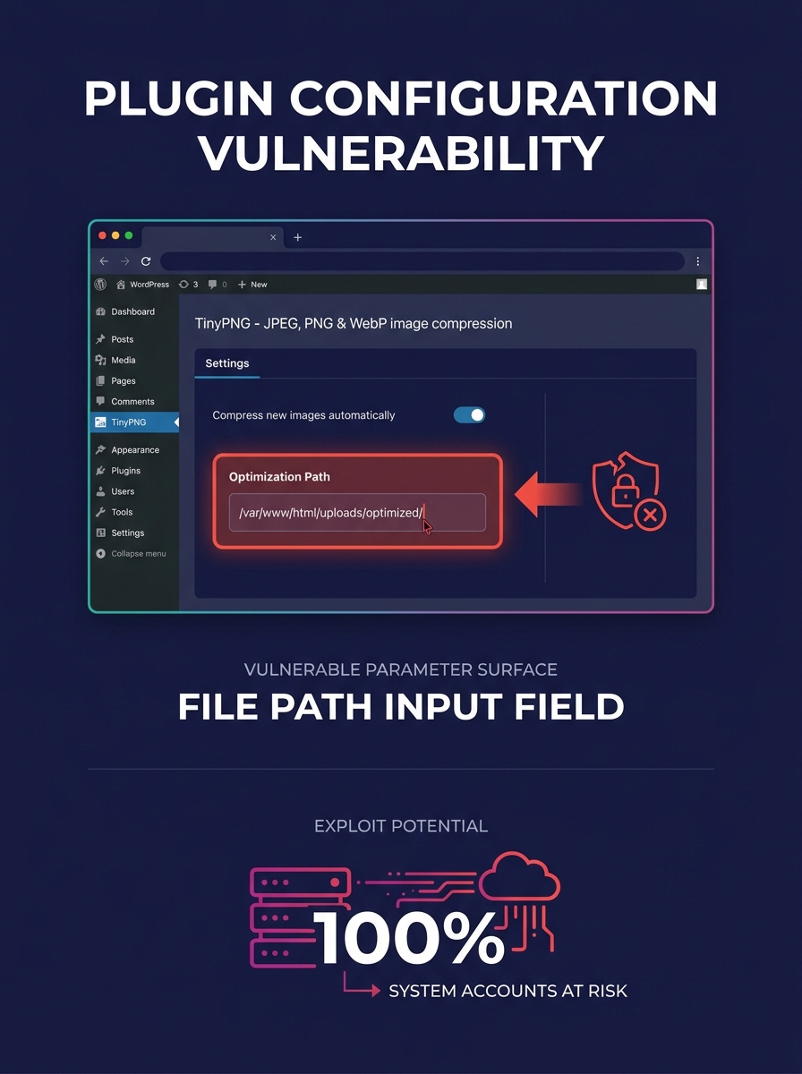 Screenshot showing WordPress plugin settings interface with file path input field highlighted in red, demonstrating the vulnerable parameter manipulation surface in TinyPNG's configuration panel