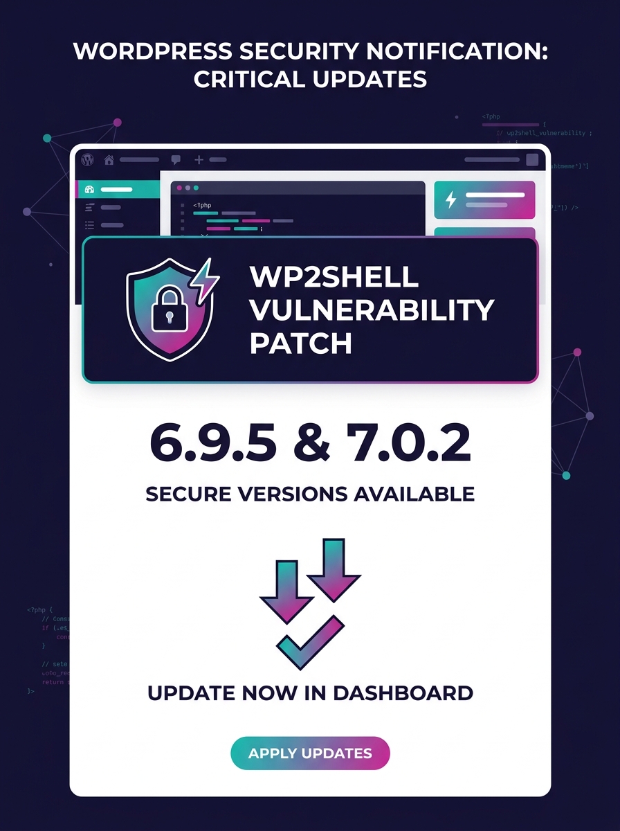 WordPress dashboard showing security update notification for versions 6.9.5 and 7.0.2 patching the wp2shell vulnerability