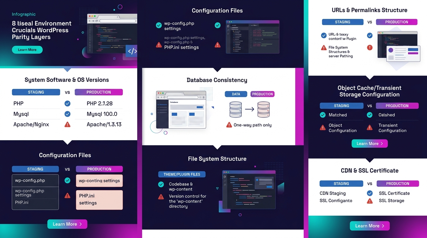 infographic showing a side-by-side comparison of 8 environment parity layers between staging and production WordPress environments, with checkmarks for matched layers and warning icons for mismatched