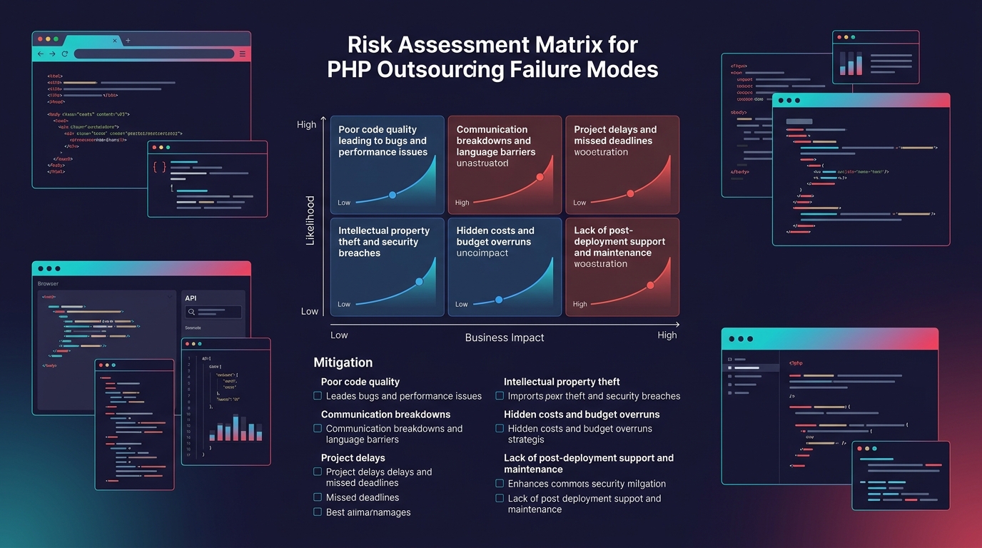 Risk assessment matrix showing six common PHP outsourcing failure modes plotted by likelihood and business impact, with mitigation checkboxes for each risk category