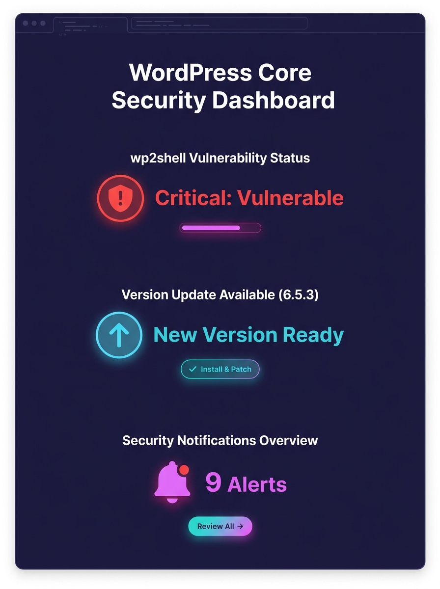 WordPress core security warning dashboard showing wp2shell vulnerability status and version update notifications