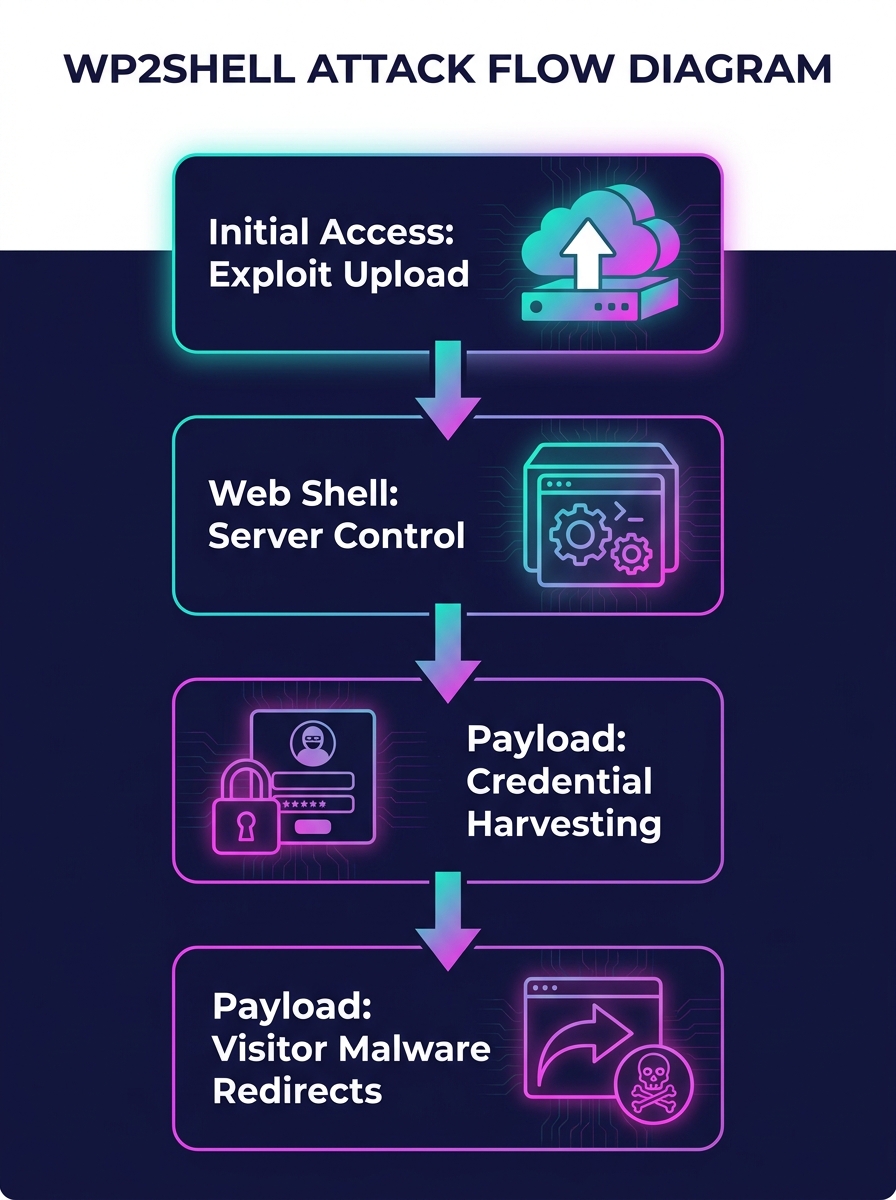 Diagram showing wp2shell attack flow from initial exploit to visitor-facing malicious payloads including credential harvesting forms and malware redirects
