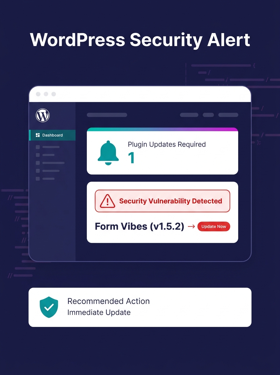 WordPress admin dashboard showing plugin update notification with security warning badge highlighting Form Vibes version 1.5.2 vulnerability