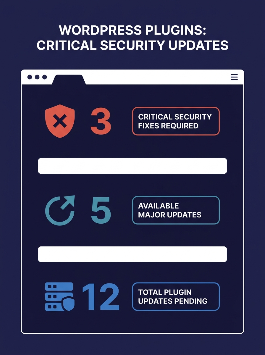 Dashboard screenshot showing WordPress plugin update notifications with critical security warnings highlighted in red