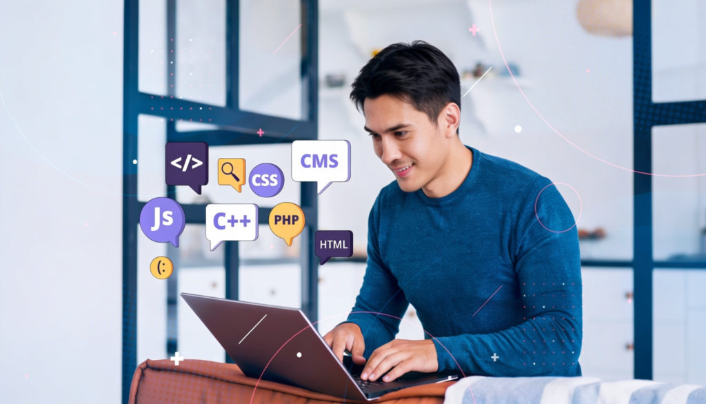 Man using a laptop surrounded by icons for coding languages including JavaScript, CSS, PHP, and HTML.
