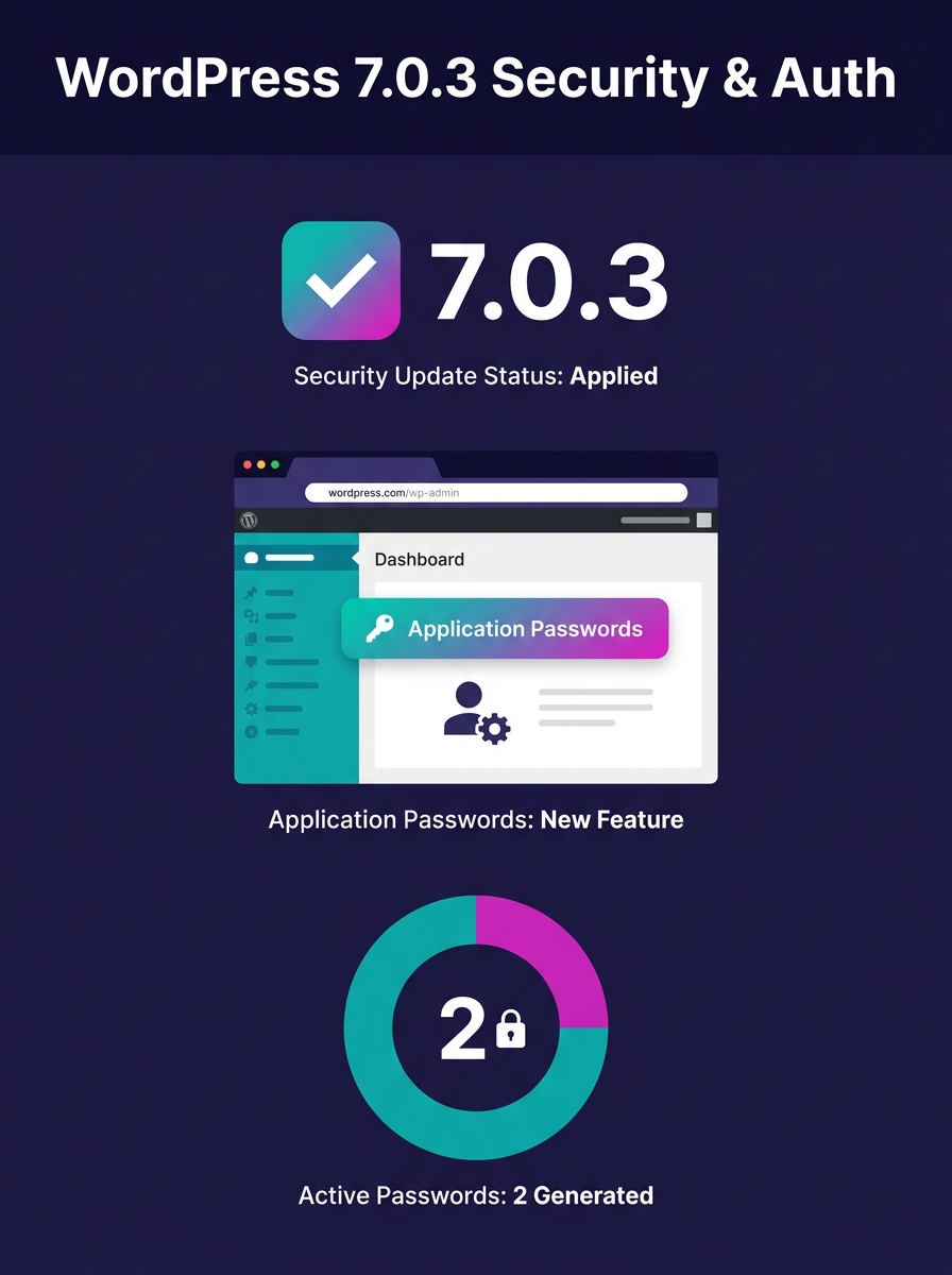 WordPress admin dashboard showing version 7.0.3 security update with Application Passwords management screen visible