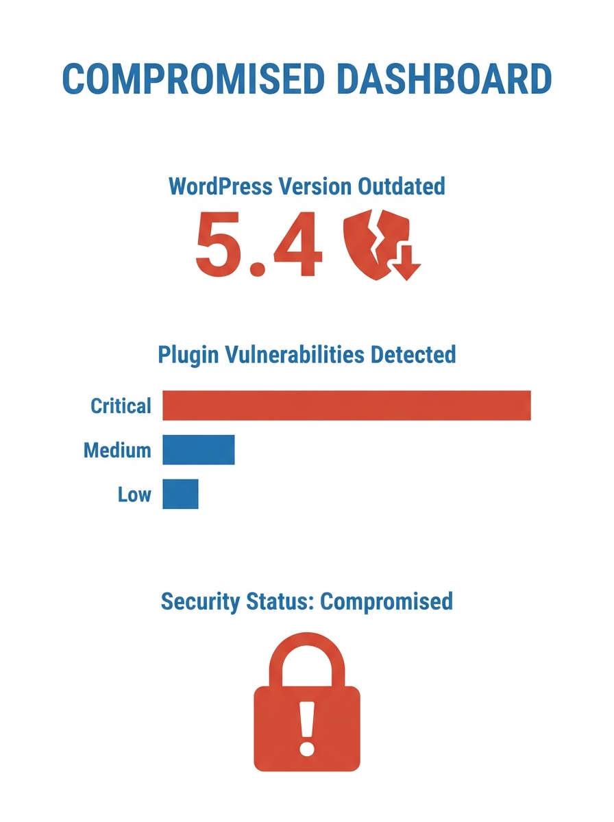 Compromised WordPress dashboard showing outdated version warnings and plugin vulnerabilities
