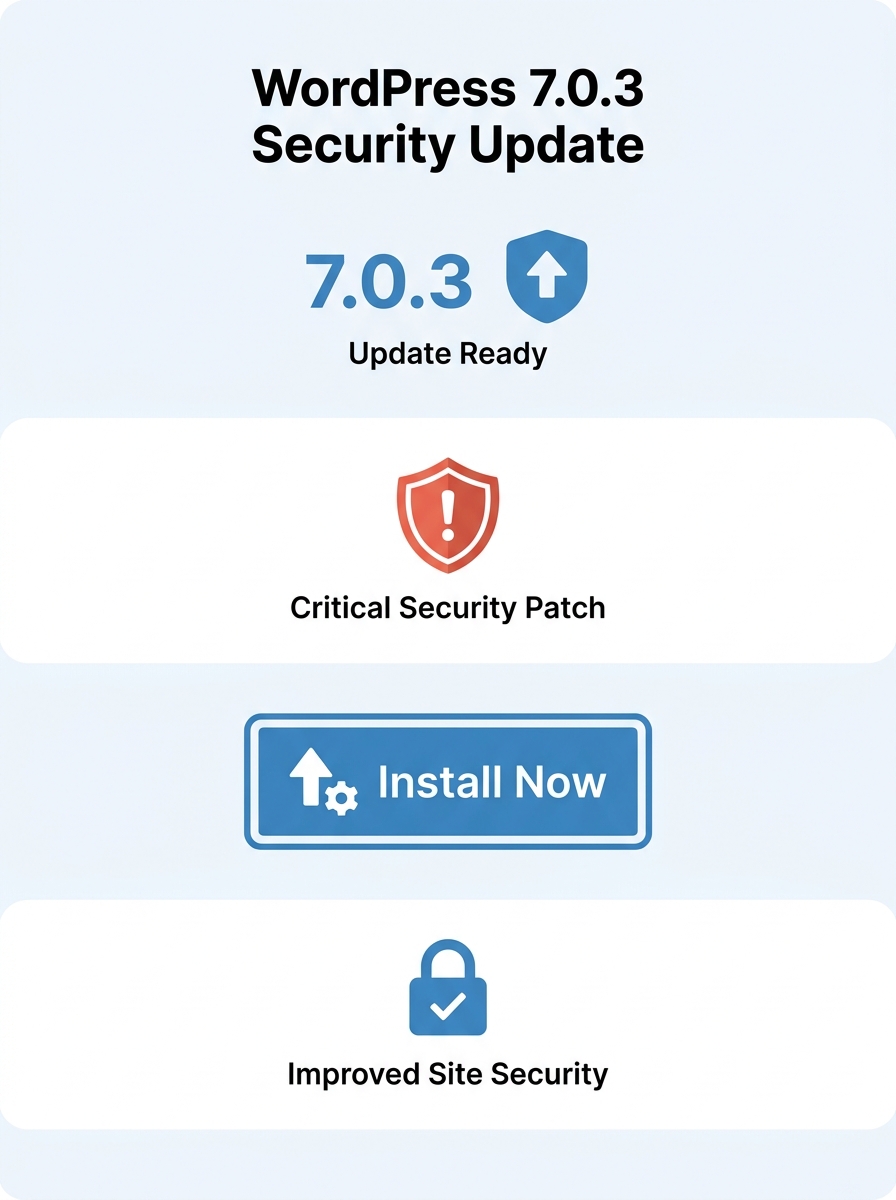 WordPress dashboard showing version 7.0.3 security update ready to install