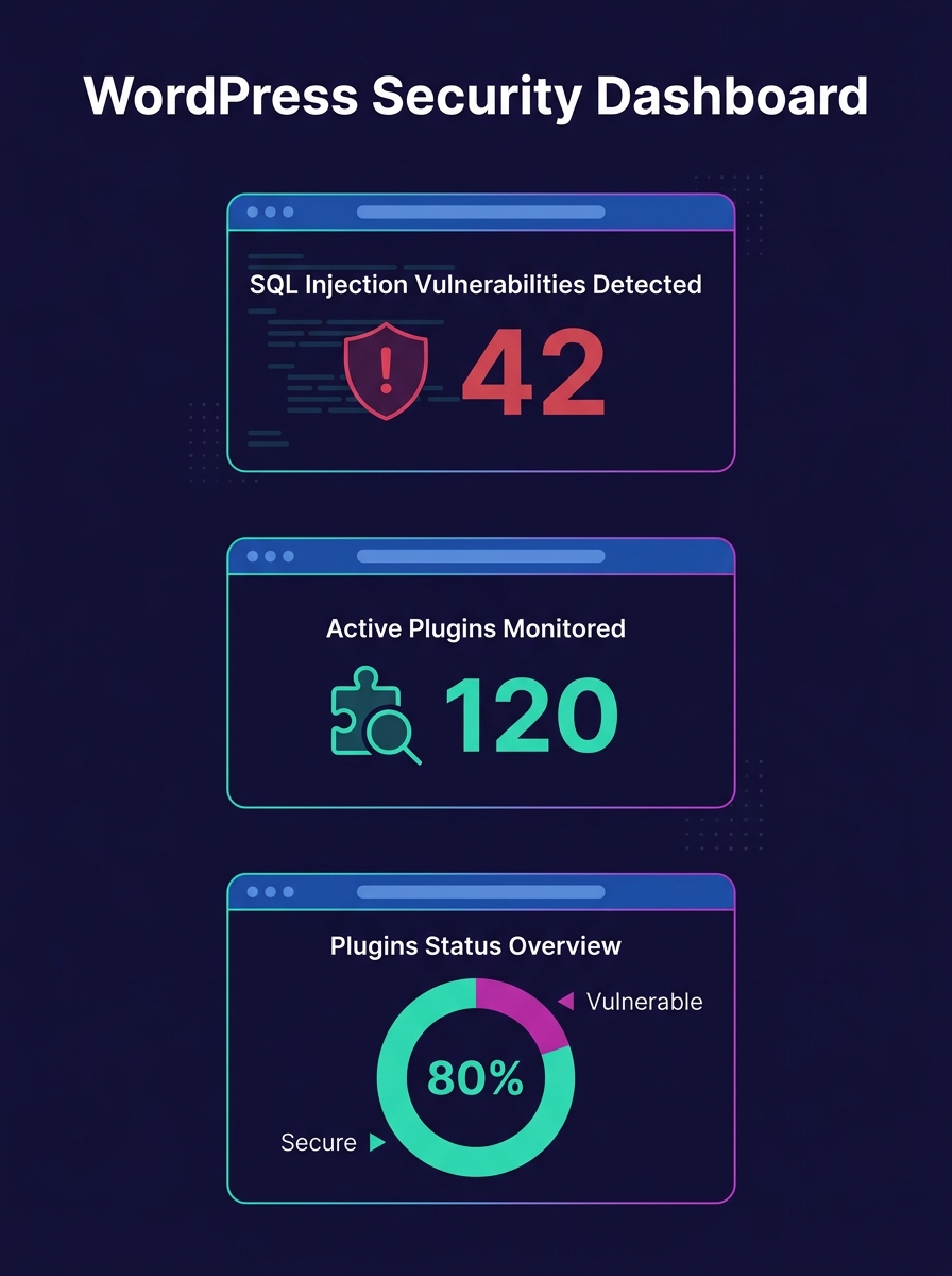 Security dashboard showing SQL injection vulnerability detection in WordPress plugin monitoring interface