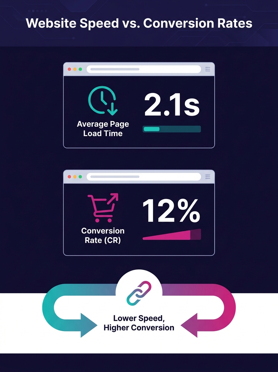 Analytics dashboard showing website speed metrics and conversion rate correlation data