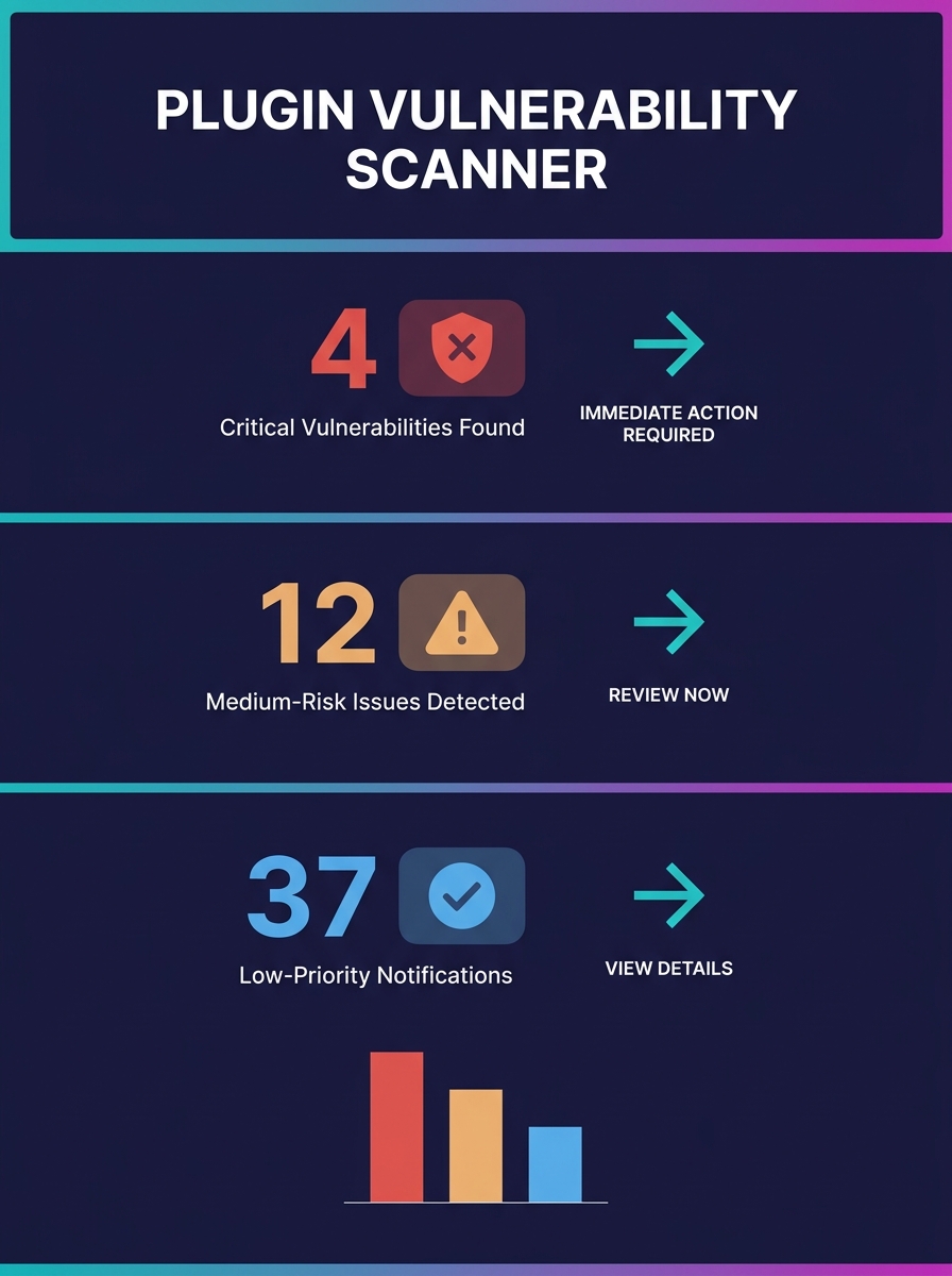 WordPress plugin dashboard showing vulnerability scanner with color-coded severity ratings and immediate action prompts