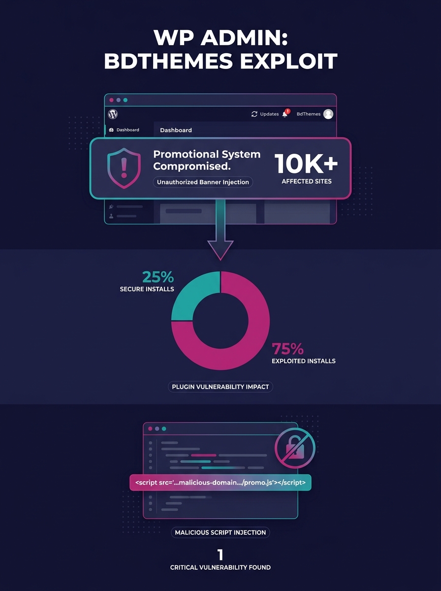 WordPress admin dashboard showing promotional banner system exploited in BdThemes plugin compromise