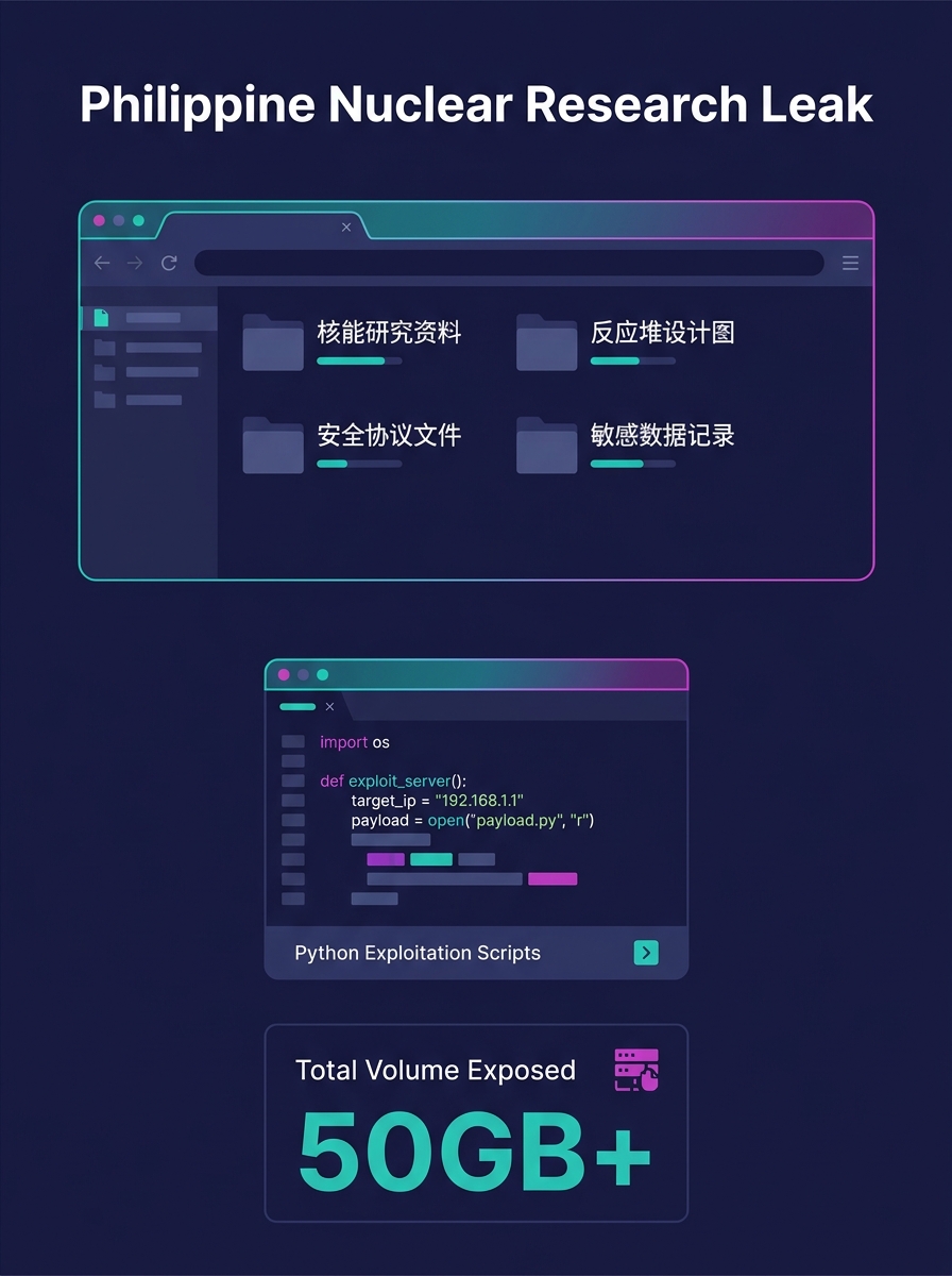 Server directory showing stolen Philippine nuclear research files organized in simplified Chinese folder labels with Python exploitation scripts