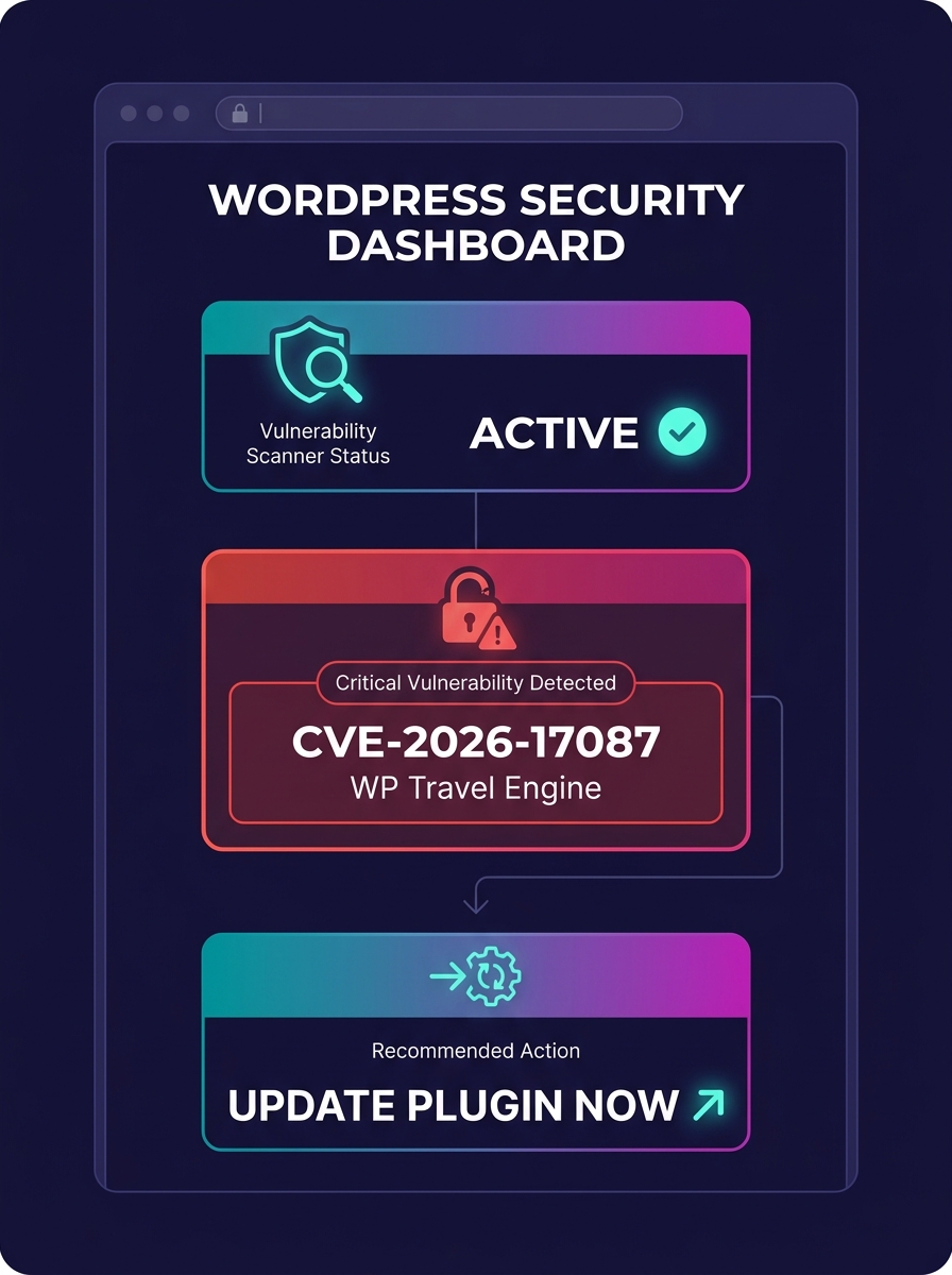 WordPress security dashboard showing vulnerability scanner detecting CVE-2026-17087 in WP Travel Engine plugin installation