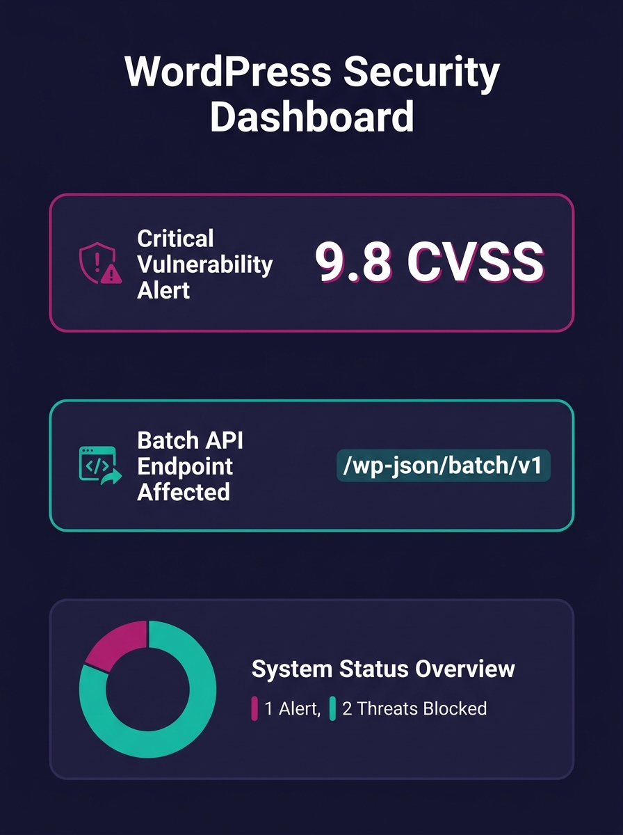 WordPress security dashboard showing critical vulnerability alert with CVSS 9.8 score and batch API endpoint affected
