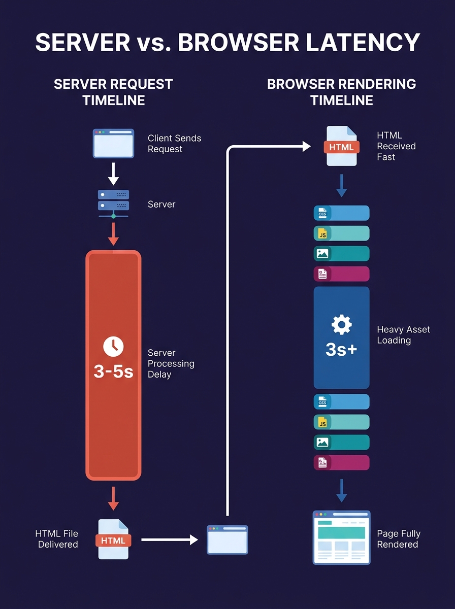 Split-screen diagram showing server request timeline on left with multi-second delay before HTML delivery, and browser rendering timeline on right with fast HTML receipt followed by heavy asset loadin