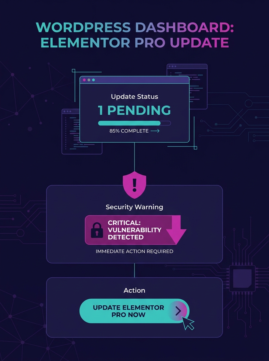 WordPress dashboard showing Elementor Pro plugin update notification with security warning badge