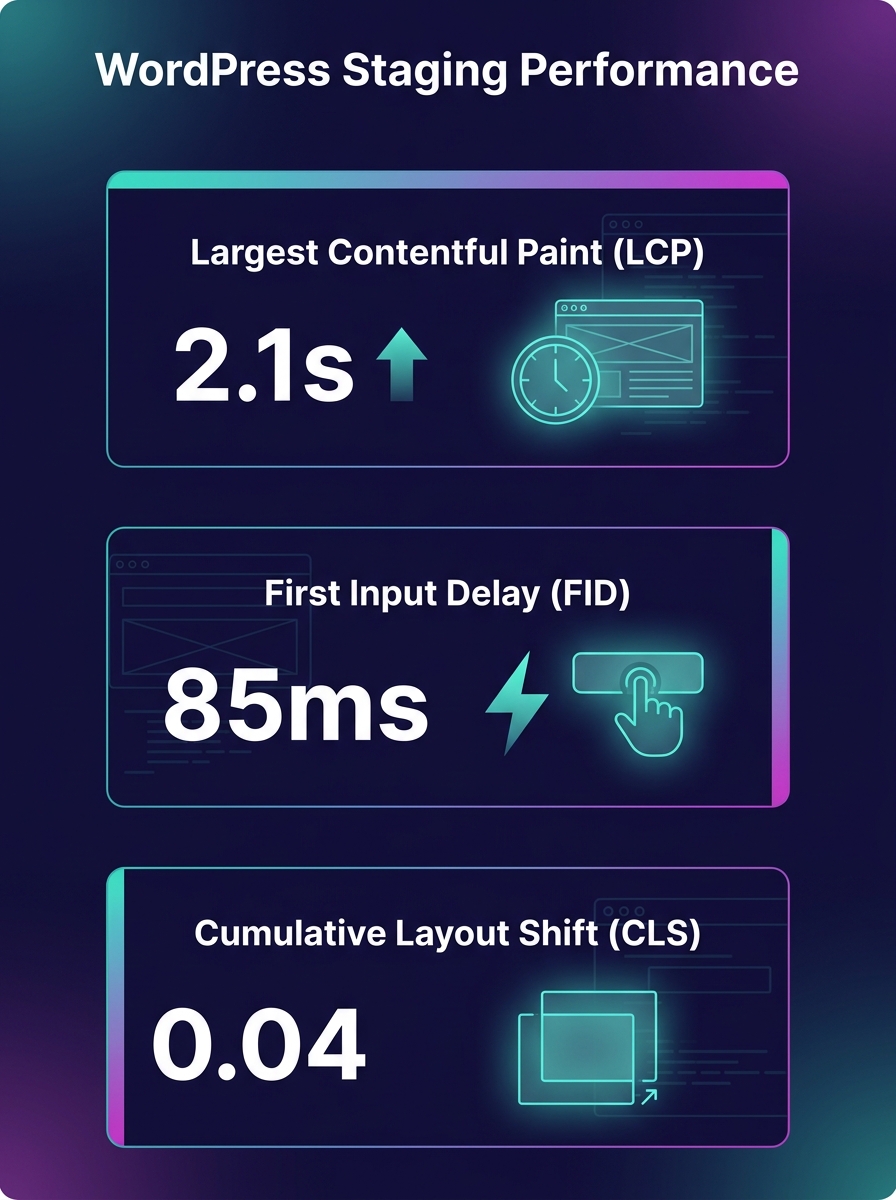 WordPress performance testing dashboard showing Core Web Vitals metrics in staging environment