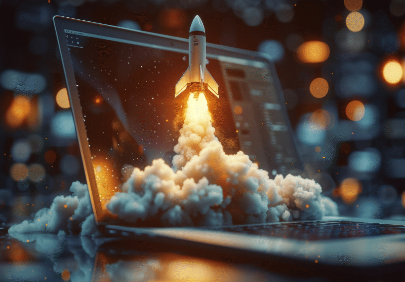 Rocket launching in front of a laptop