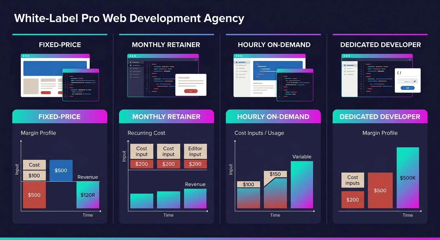 A side-by-side comparison diagram of four pricing models — fixed-price, monthly retainer, hourly on-demand, and dedicated developer — each showing a simplified margin profile with cost inputs and reve