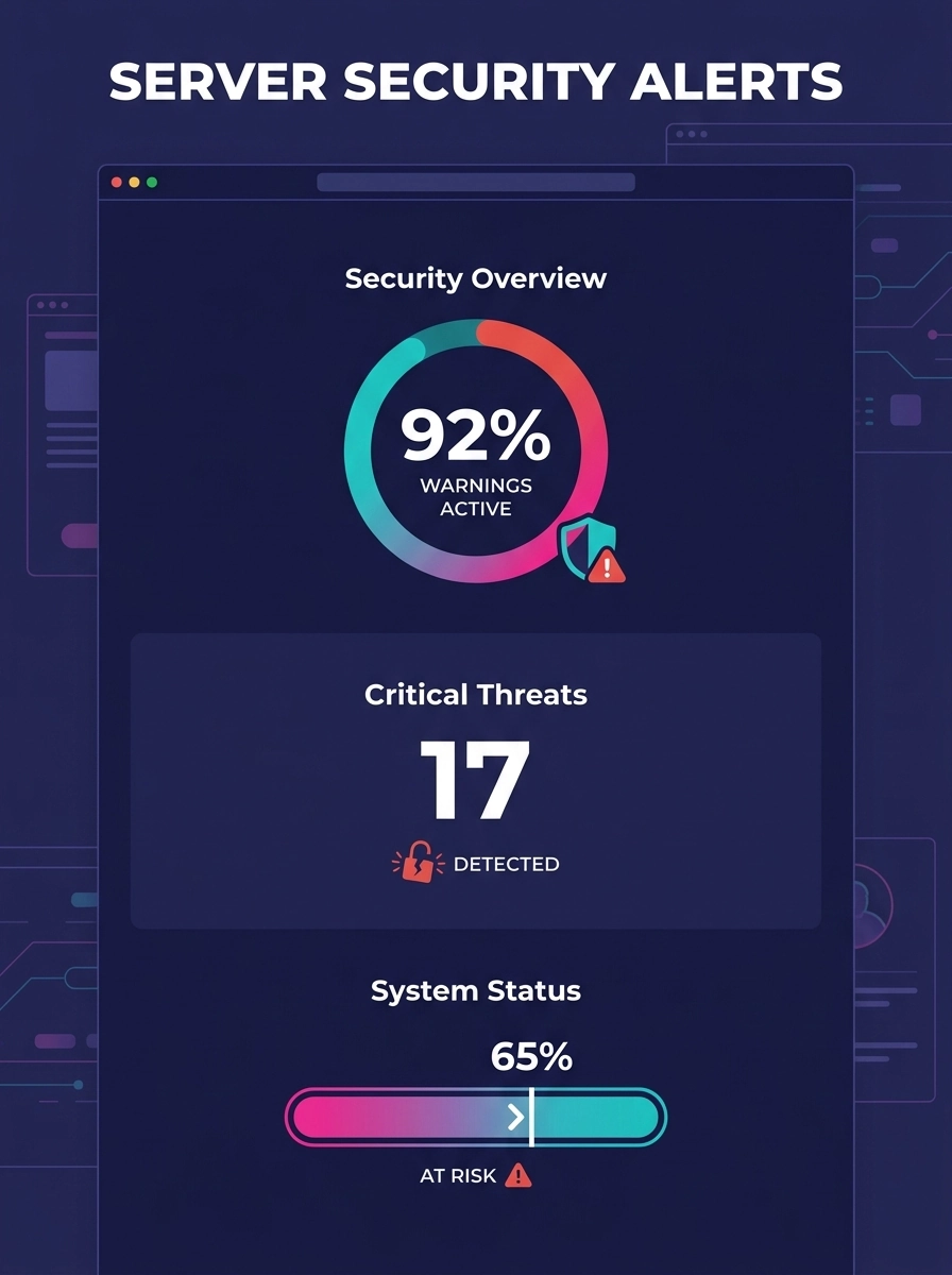 Server control panel displaying security warning notifications