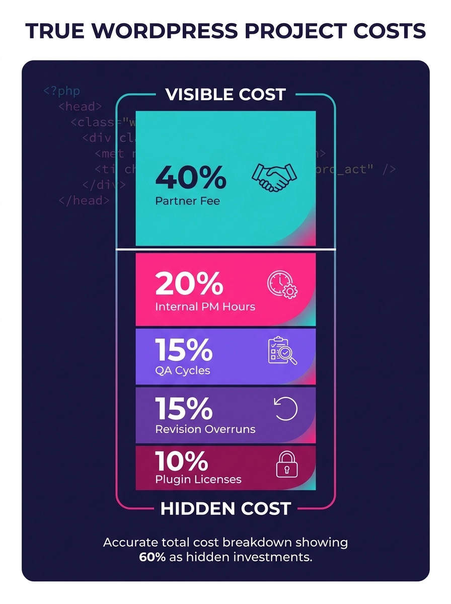 Infographic showing the breakdown of true WordPress development costs — partner fee, internal PM hours, QA cycles, revision overruns, and plugin licenses — stacked as layers within a single project co
