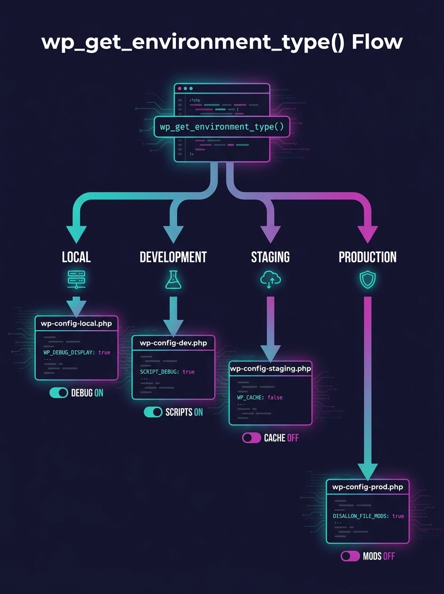 infographic showing the flow of wp_get_environment_type() returning four values (local, development, staging, production) with branching arrows to different config files and specific settings toggled