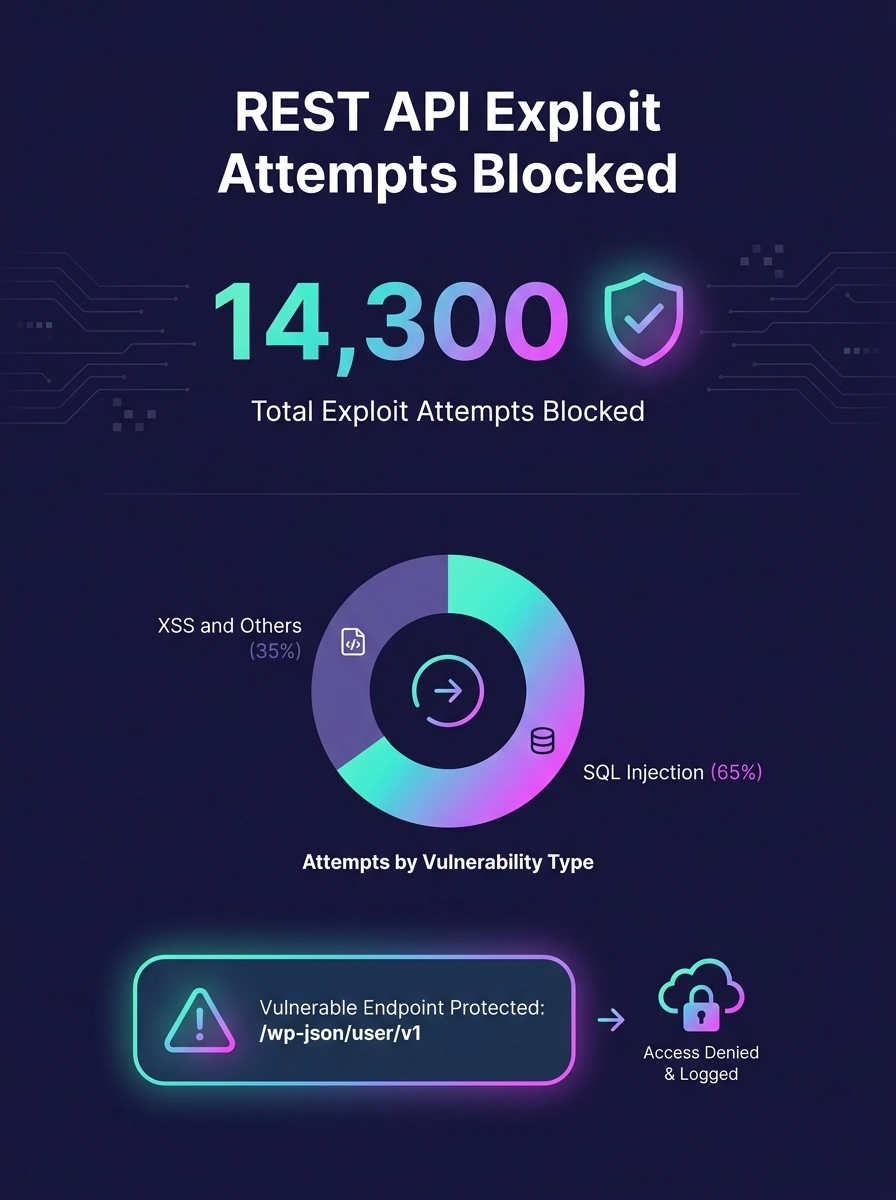 WordPress security dashboard showing blocked exploit attempts against vulnerable REST API endpoint