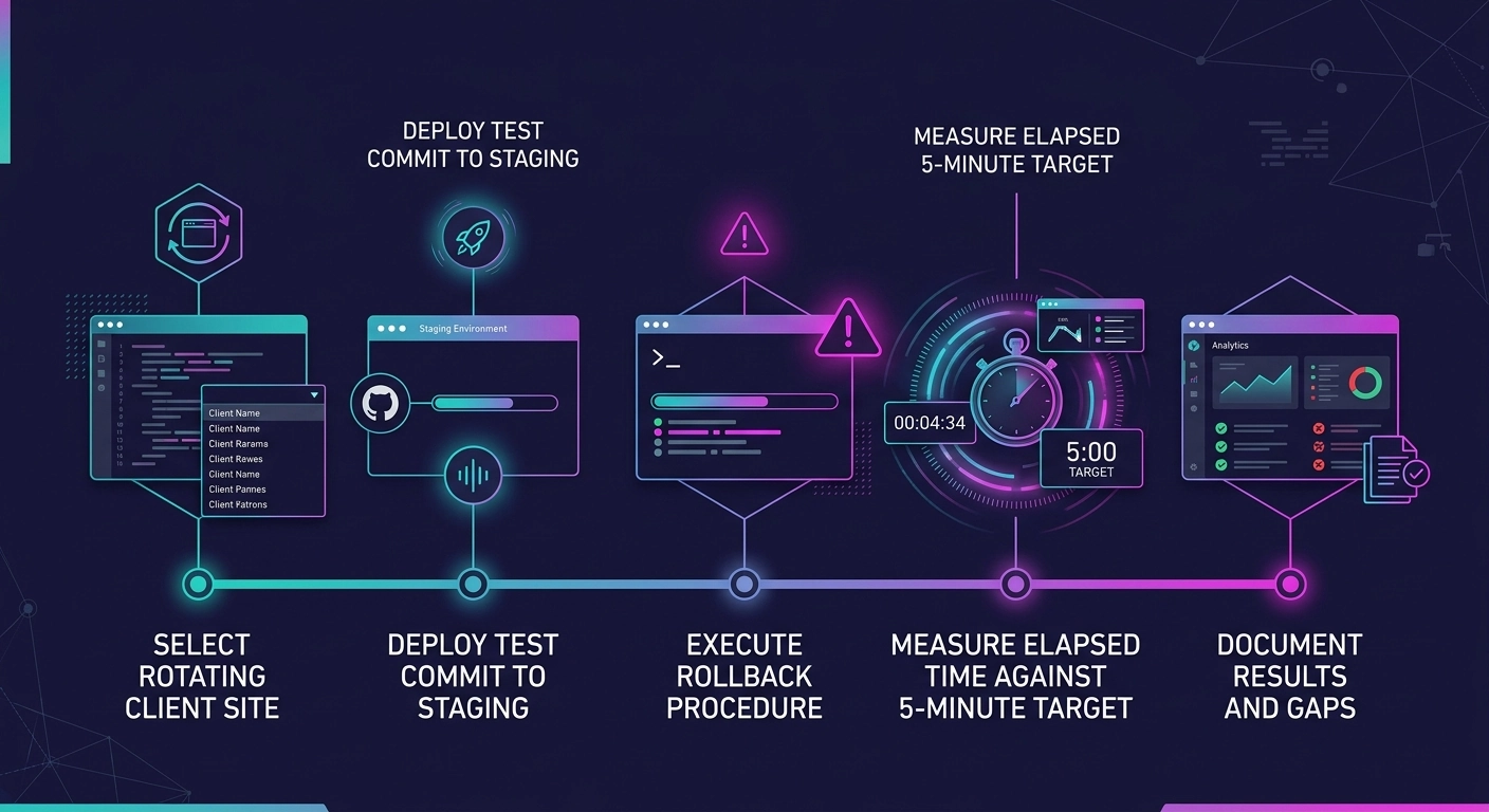 a timeline diagram showing a quarterly rollback testing cycle with labeled steps: select rotating client site, deploy test commit to staging, execute rollback procedure, measure elapsed time against 5