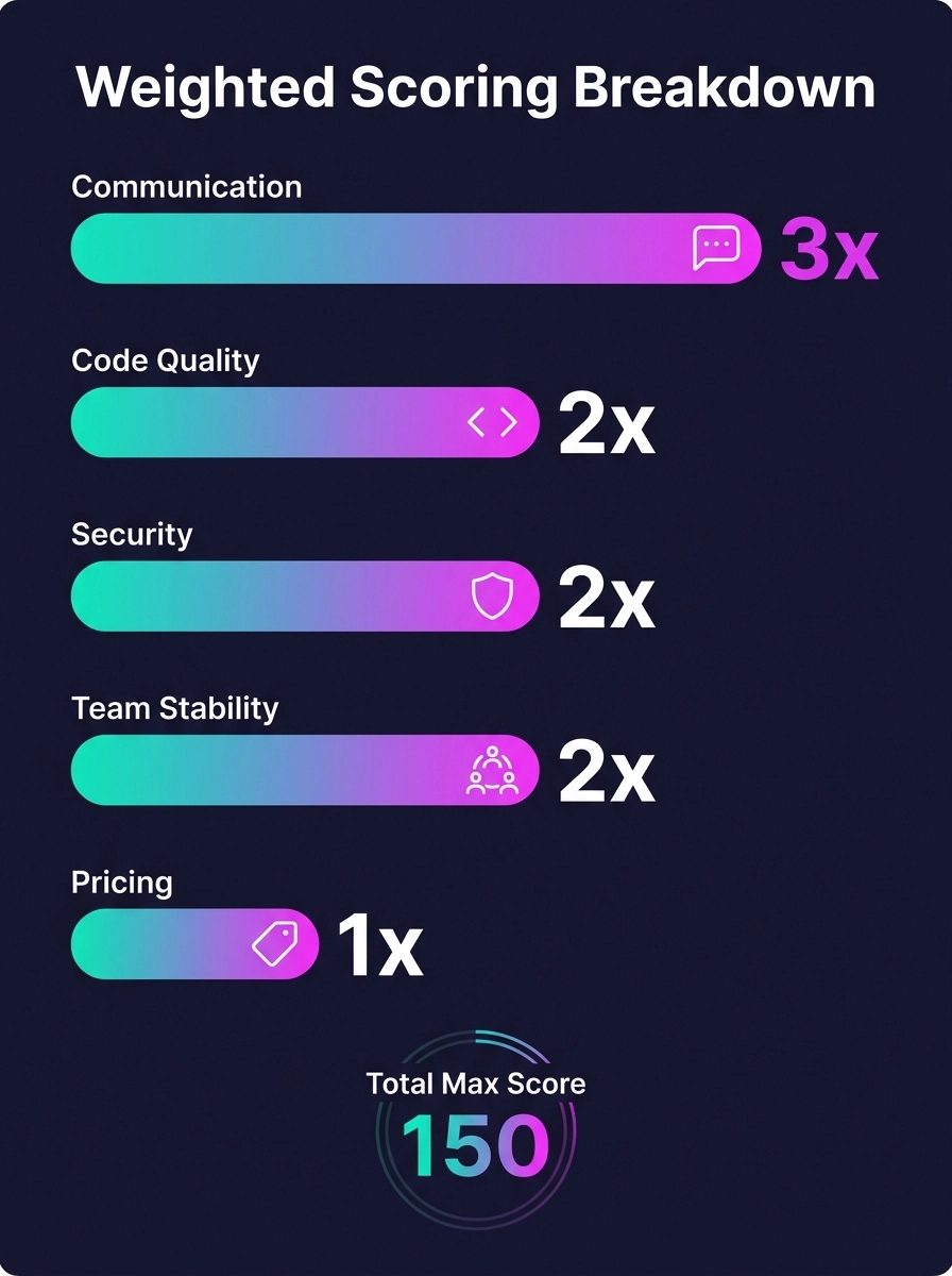 infographic showing a weighted scoring breakdown with communication at 3x, code quality at 2x, security at 2x, team stability at 2x, and pricing at 1x, with a maximum possible score of 150