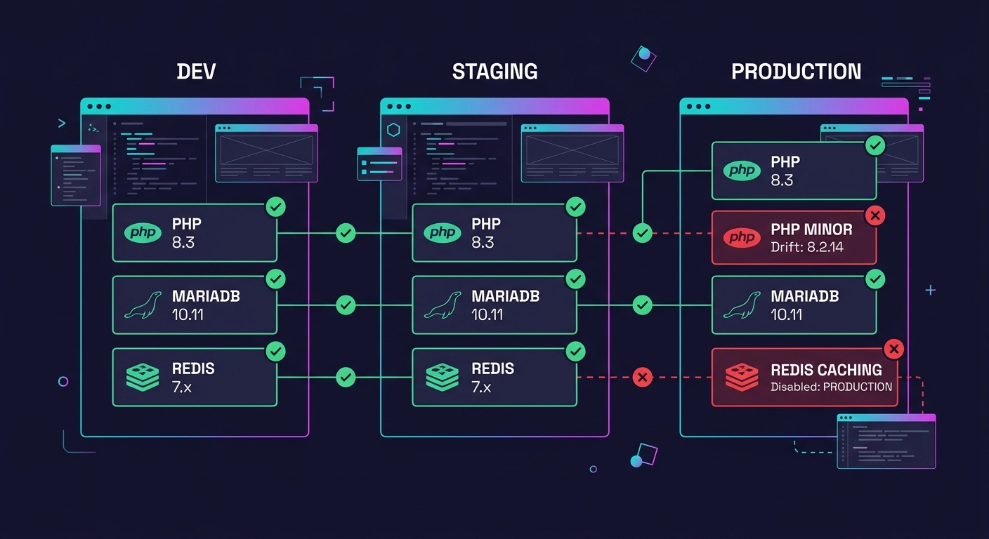 side-by-side comparison diagram of three server stacks labeled development, staging, and production, showing matched PHP 8.3, MariaDB 10.11, and Redis 7.x versions with green checkmarks for parity and