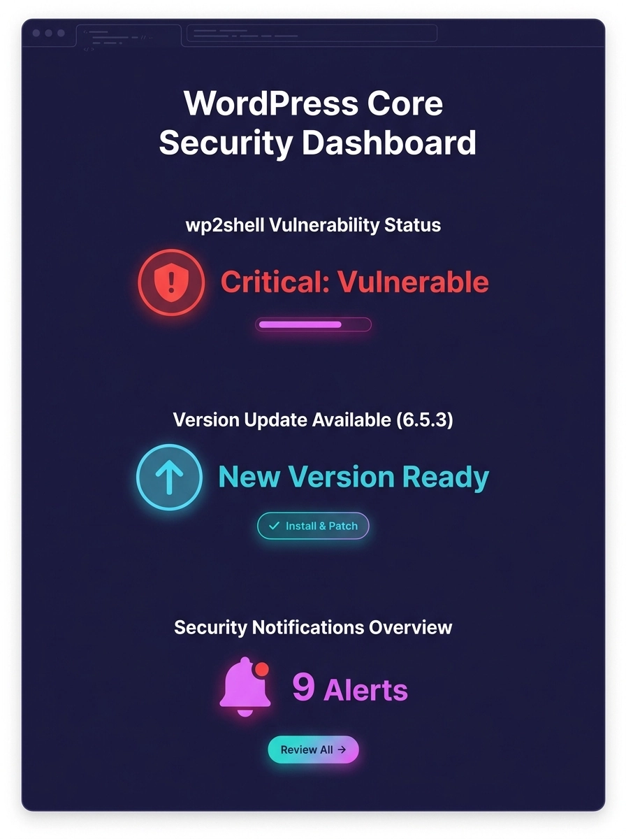 WordPress core security warning dashboard showing wp2shell vulnerability status and version update notifications