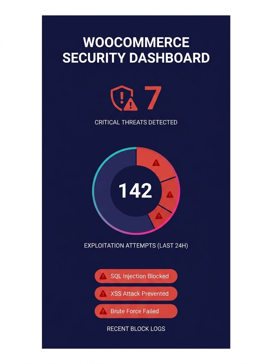 Security monitoring dashboard showing WooCommerce exploitation attempt logs with red alert indicators
