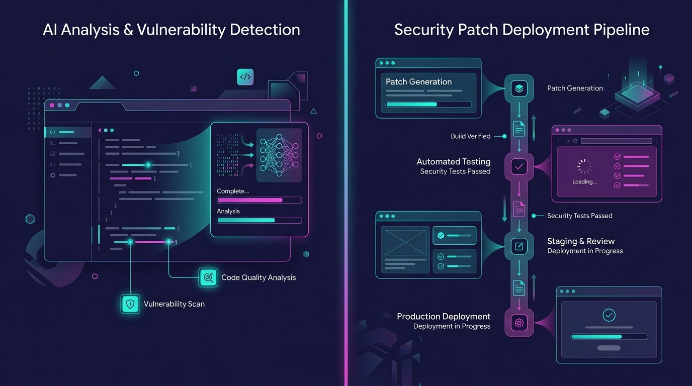 Split-screen visualization showing AI analyzing code on left side and security patch deployment pipeline on right