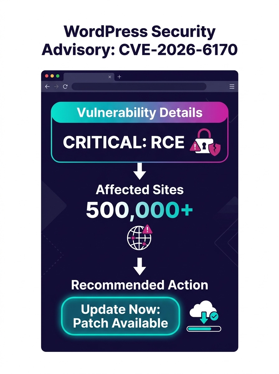 Screenshot showing WordPress plugin security advisory dashboard with CVE-2026-6170 vulnerability details highlighted